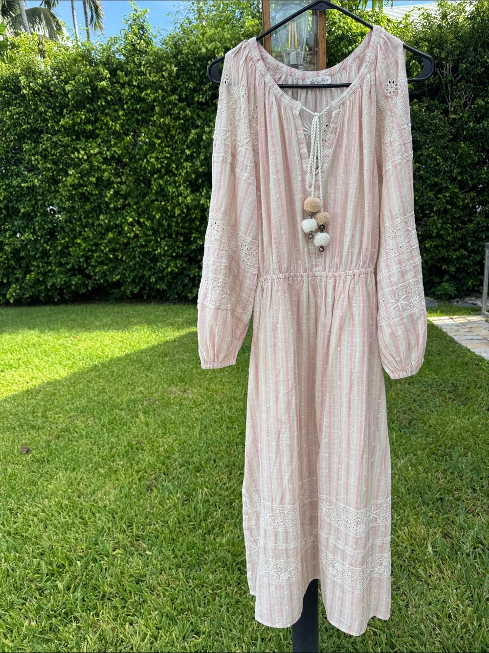 LoveShackFancy Isla Dress Pale Pink Embroidered Midi Pom Pom Tassels Slits Small - Picture 14 of 15
